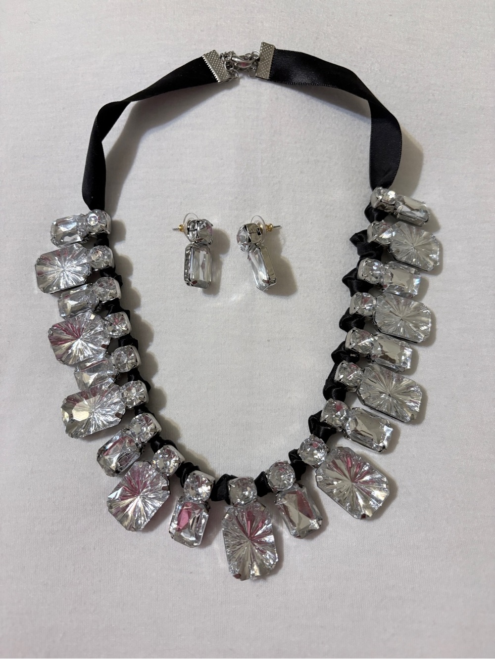 Crystal Bib Necklace with Matching Earrings - Black Ribbon